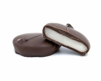 white peppermint patty center covered in dark chocolate.