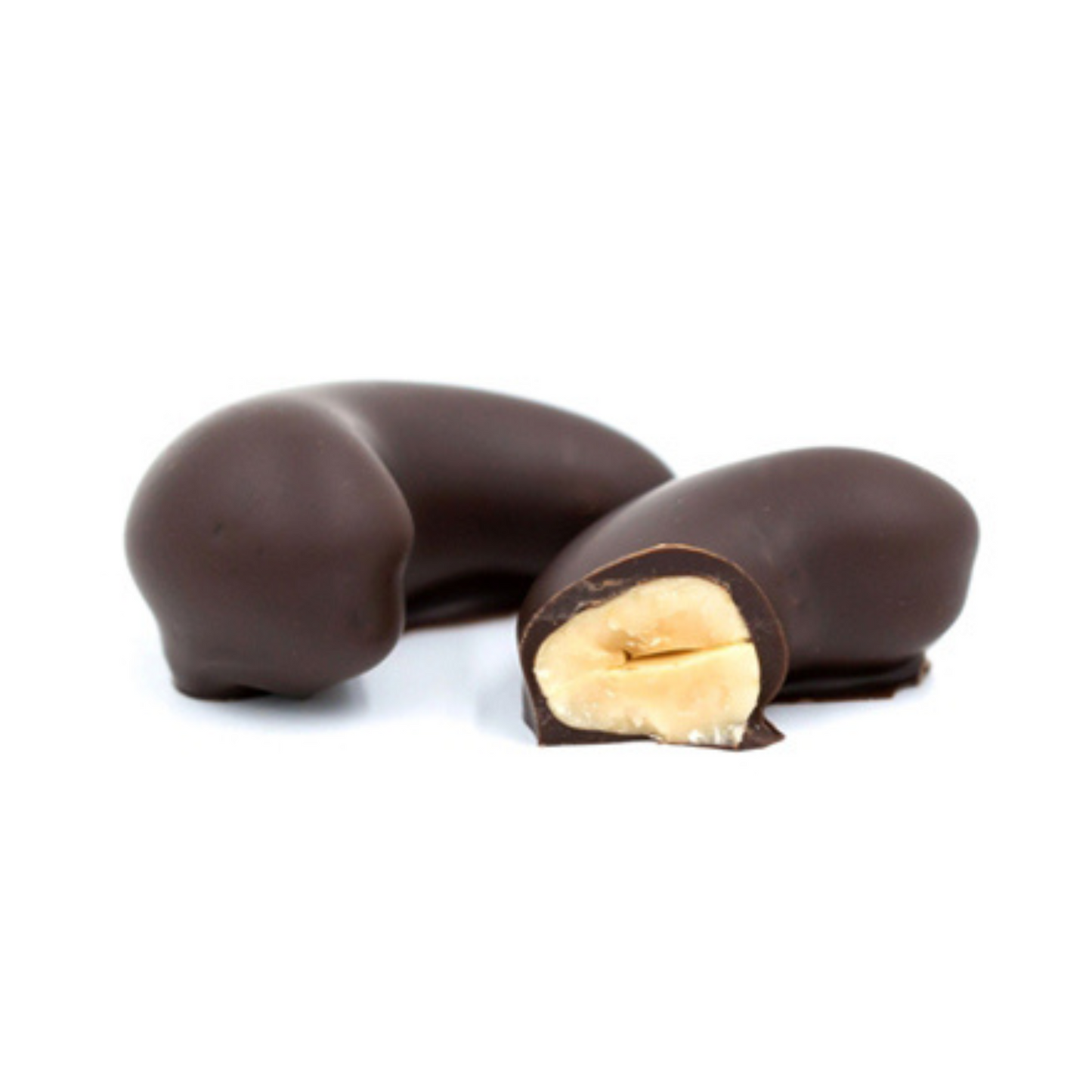 freshly roasted cashews covered in rich dark chocolate in a half pound box.