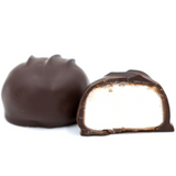 round marshmallow center covered in rich dark chocolate in a pound box.