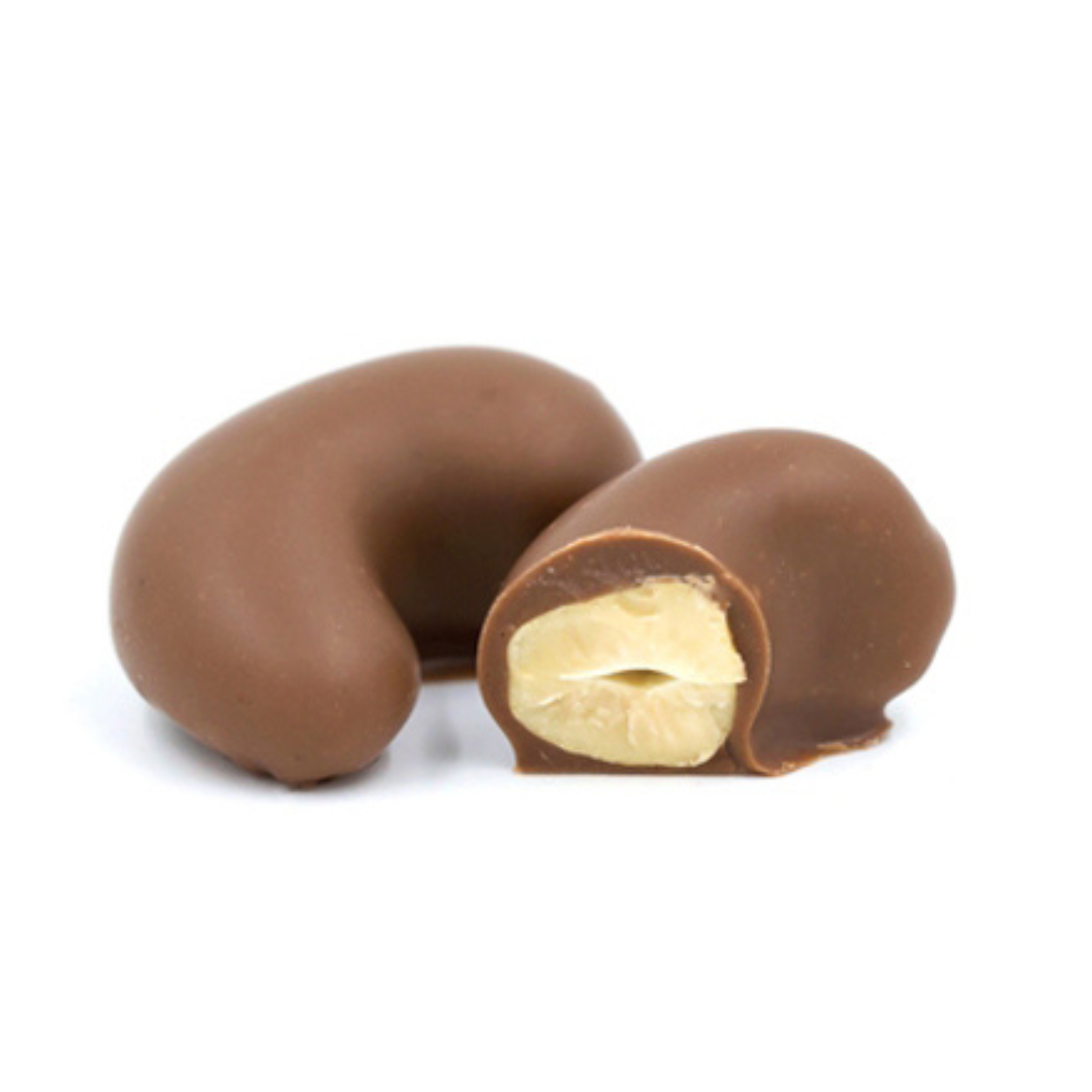 freshly roasted cashews covered in smooth milk chocolate in a half pound box.