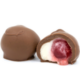 Maraschino cherries wrapped in white cream and dipped in milk chocolate. One pound box.