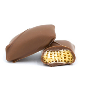 a crunchy honeycomb center dipped in rich dark chocolate or smooth milk chocolate in a pound box.