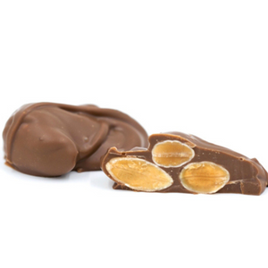 Cluster of almonds dipped in smooth milk chocolate or rich dark chocolate.