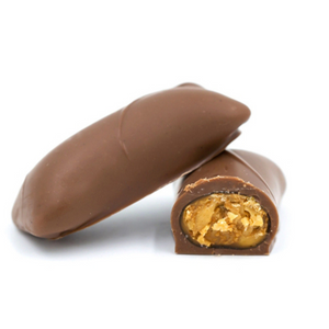 crunchy peanut butter center covered in rich dark chocolate or smooth milk chocolate in a one pound box.