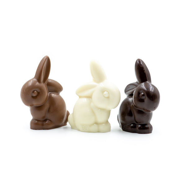 Roscoe Rabbit available in milk or dark chocolate or white coating (like white chocolate)