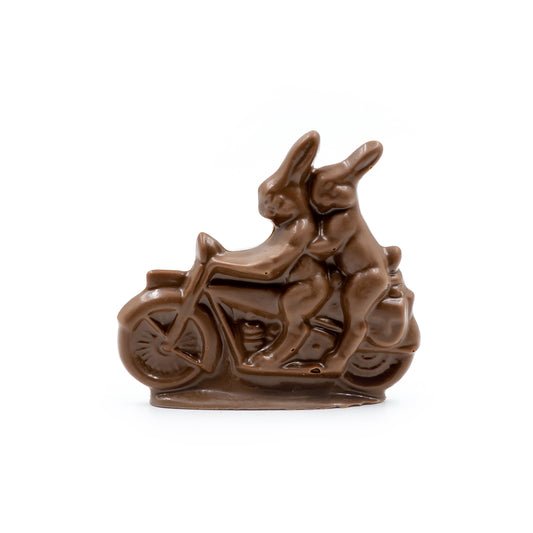 Harley & Daisy - two cute milk chocolate bunnies on a motorcycle