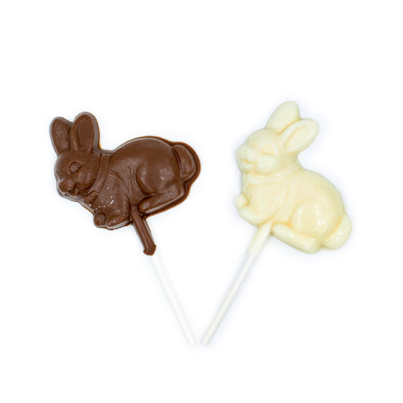 A cute bunny sucker - milk chocolate or white coating (like white chocolate).