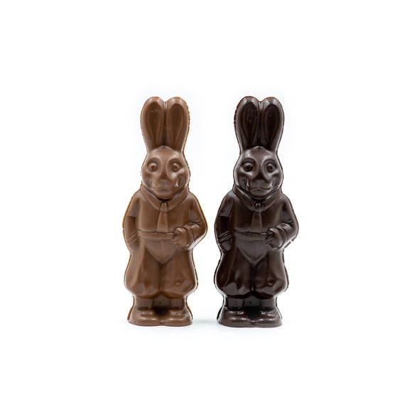 Peter Rabbit is suited up in his shirt and tie and comes in milk or dark chocolate