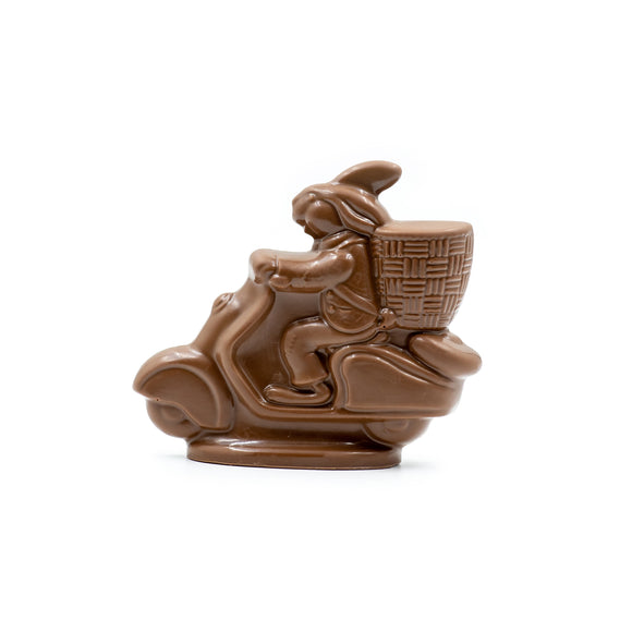 Scooter rabbit is running around town on his scooter and comes in milk chocolate.
