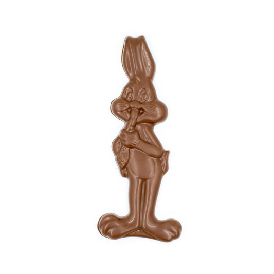 Just like the cartoon - Bugsy Bunny is eating a carrot and comes in milk chocolate and is in a box with a clear lid