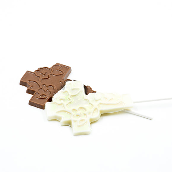 a milk chocolate or white coating (like white chocolate) cross sucker