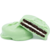 Oreo cookie covered in green coating with mint flavor. Individually wrapped