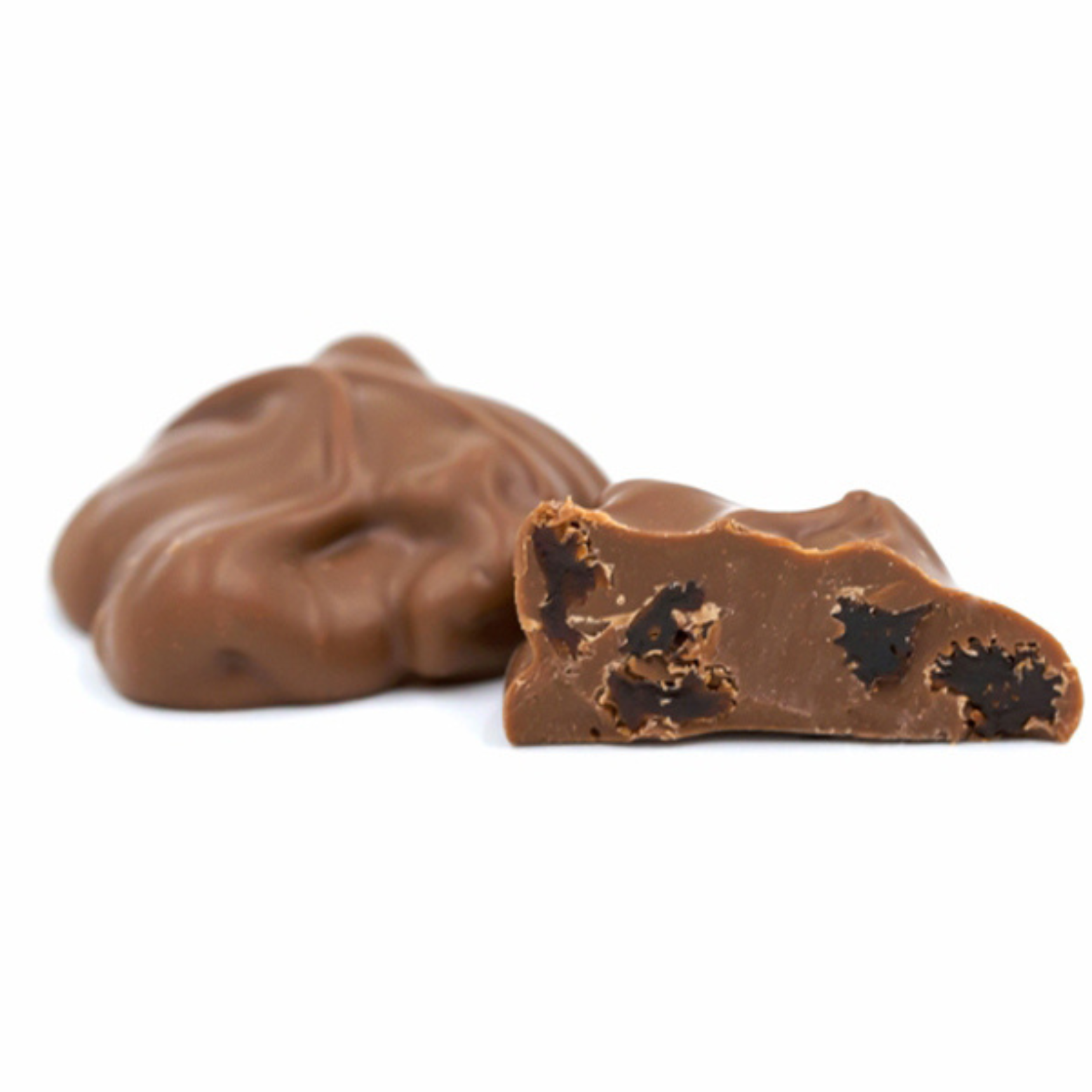 clusters of dried raisins dipped in smooth milk chocolate in a pound box.