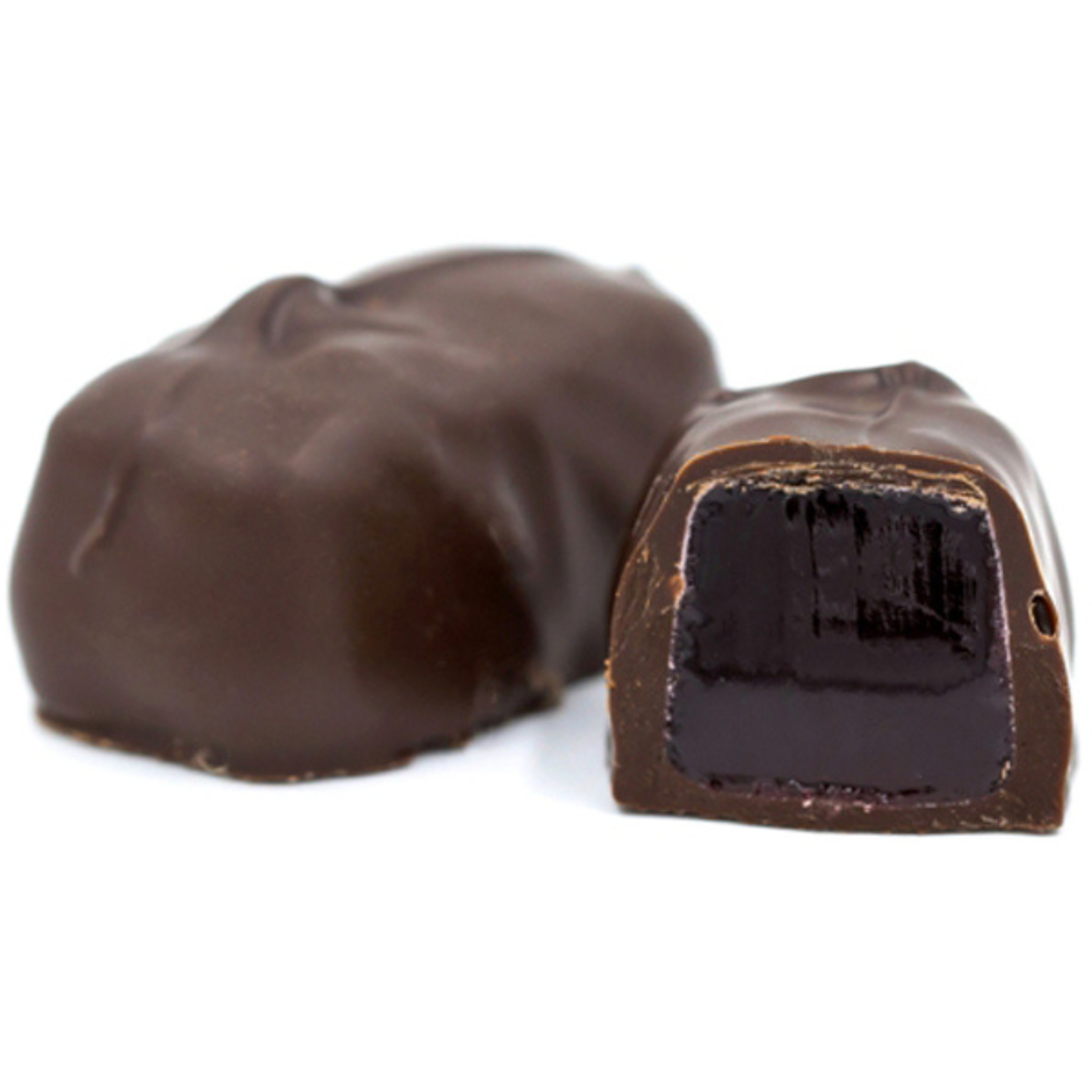 Raspberry jelly center dipped in dark chocolate in a pound box.