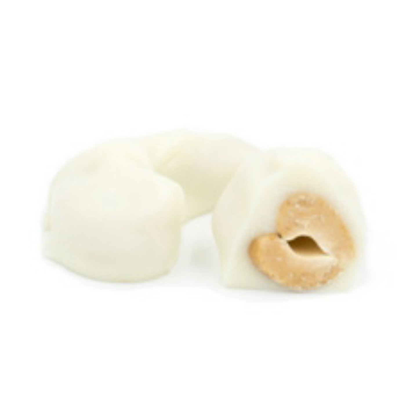 freshly roasted cashews covered in white coating in a half pound box.